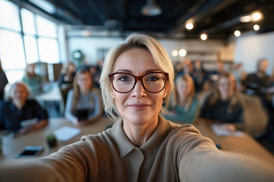 Professional Taking Selfie in Modern Coworking Space