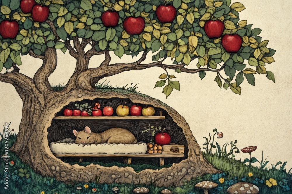 Poster cozy mouse resting in a hollow tree surrounded by apples in a whimsical garden setting. generative a