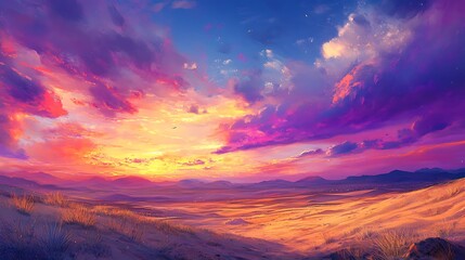 A peaceful desert with glowing golden sands under the vibrant colors of sunset