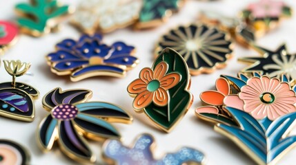 A set of colorful enamel pins with modern designs, arranged on a clean white background.