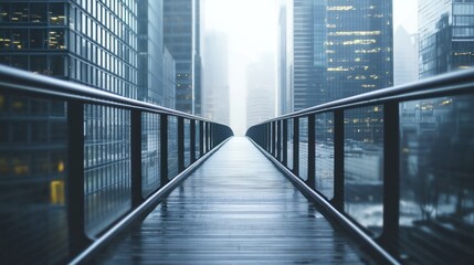 Rainy Day Walkway in the Cityscape: A Modern Urban Scene