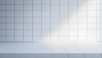 Empty white laminated surface over blurred square ceramic tile wall