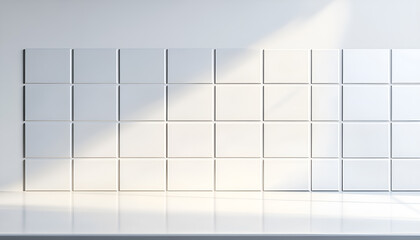 Empty white laminated surface over blurred square ceramic tile wall