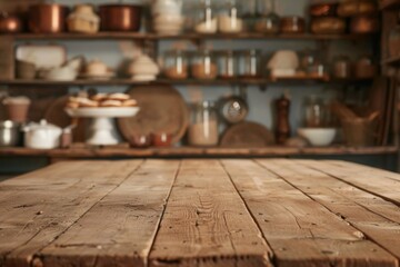 Top of wooden table with blurred bakery equipment background.