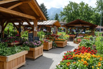 Vibrant marketplace filled with fresh flowers and vegetables in a scenic outdoor setting during daytime. Generative AI