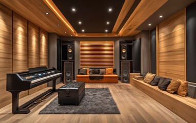 Immerse yourself in the rich soundscape of this luxurious recording studio, meticulously designed for sonic perfection and creative inspiration.