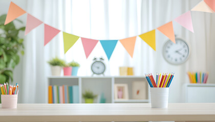 Fototapeta premium Wooden surface for product display on blurred room of schooler