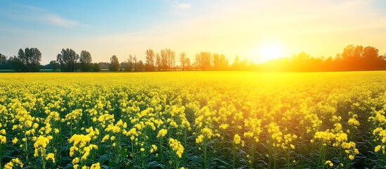 Golden Sunrise over a Vibrant Yellow Rapeseed Field