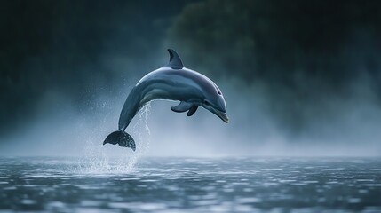 Obraz premium Dolphin leaping from water at dawn.
