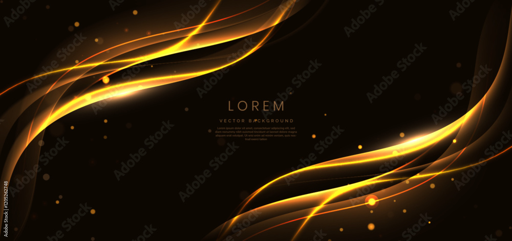 Wall mural abstract gold curved ray on black background with lighting effect bokeh and copy space for text.
