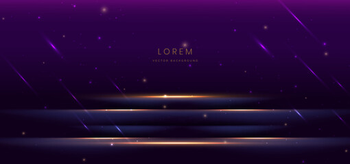 Elegant purple stage with gold diagonal glowing lighting effect and sparkle. Template premium award design.