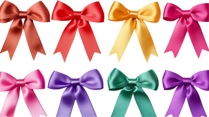 Decorative bows in vibrant hues for gift wrapping isolated on transparent background 