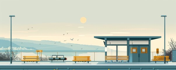 Fototapeta premium Train station with a bench and a bus stop
