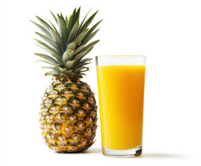 Refreshing pineapple juice served alongside a whole pineapple on a clean, white background