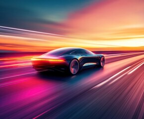 Modern electric car speeding down a highway at sunset with vibrant colors illuminating the sky and road