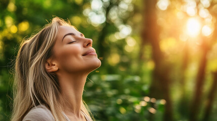 Relaxed woman enjoying fresh air in a serene forest at sunset. Generative AI