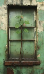 Naklejka premium Resilient Sapling in a Weathered Window: A Serene Rustic Still Life