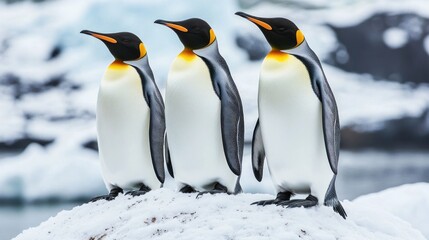 Fototapeta premium Penguins nesting on Antarctica coastline. Sea birds colony stand together on top of snow covered hill rock. Polar wildlife penguins behaviors in cold environment. Antarctica travel and exploration