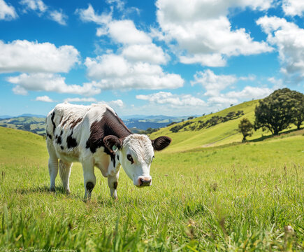 Young calf grazing peacefully in a lush green meadow under a blue sky with fluffy clouds in a rural landscape - Powered by Adobe