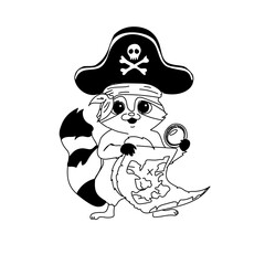 A playful vector illustration of a raccoon wearing a pirate hat, holding a treasure map and a magnifying glass, embodying a whimsical treasure-hunting theme. Perfect for adventure or children’s design