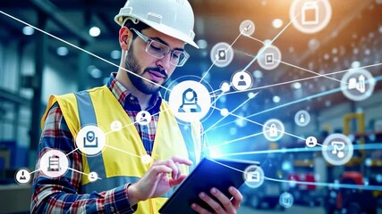 A worker in a hard hat and safety vest uses a tablet, surrounded by digital icons representing technology. - Powered by Adobe