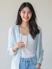 Happy Asian Woman Presenting Smartphone with Blank Screen