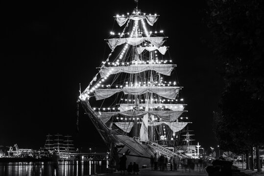 SZCZECIN, WEST POMERANIAN - POLAND - AUGUST 02, 2024: The Ecuadorian Navy sailing ship BAE Guayas at representative port quay