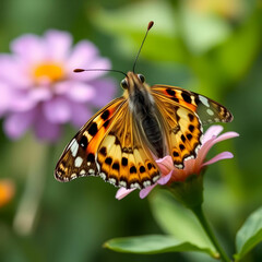 Obraz premium Beautiful butterfly front view on flower closeup insect Beautiful butterfly stay on flower