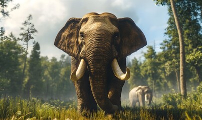 Fototapeta premium Elephant with tusks close up shot, create with Ai image generative