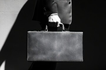 Hand holding a briefcase represented abstractly with shadows and geometric shapes, symbolizing business and professionalism.