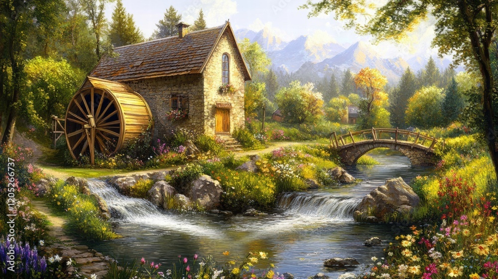 Poster charming rural scene with a watermill near a stream surrounded by vibrant flowers and mountains in t