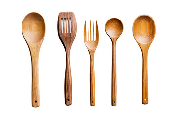 A beautifully arranged collection of wooden kitchen utensils including a spatula, fork, and assorted spoons. Perfect for culinary projects and recipes.