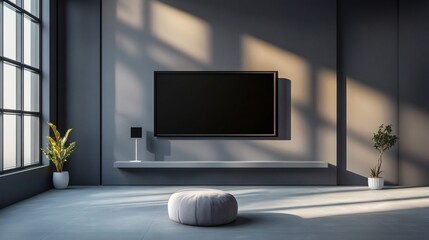 Modern Minimalist Living Room Interior with Flat Screen TV and Sunlit Wall