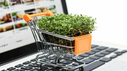 Miniature shopping cart with greenery on a laptop, merging e-commerce and eco-friendly concepts for modern consumers