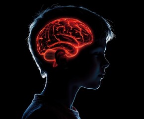 Obraz premium Child's silhouette with glowing brain illustration symbolizing intelligence and creativity in a dark setting