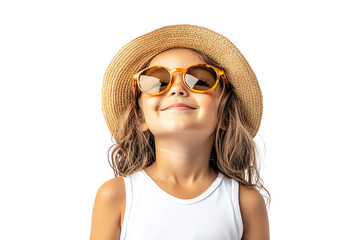 A cheerful girl wearing a straw hat and sunglasses, enjoying the summer sun. Her joyful expression captures the essence of carefree childhood moments.