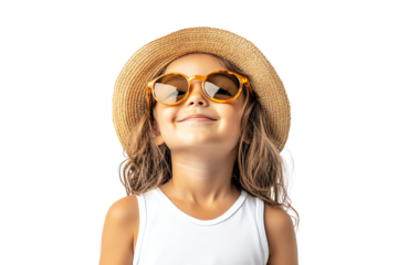 A cheerful girl wearing a straw hat and sunglasses, enjoying the summer sun. Her joyful expression captures the essence of carefree childhood moments.