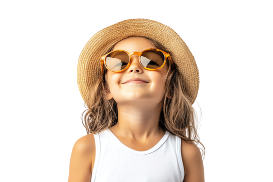 A cheerful girl wearing a straw hat and sunglasses, enjoying the summer sun. Her joyful expression captures the essence of carefree childhood moments.