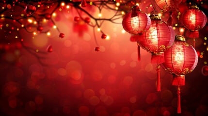 Fototapeta premium Red background with red lanterns hanging from it