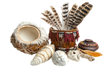 A collection of traditional ceremonial items featuring feathers, shells, and handcrafted vessels that reflect rich cultural heritage and spiritual significance.