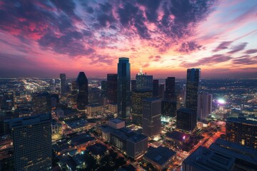 Fototapeta premium Breathtaking aerial view of a bustling modern skyline at sunset urban landscape city life vibrant atmosphere high-altitude perspective for stunning visual appeal