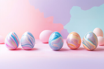 Fototapeta premium easter eggs marbel on pastel background with spring flowers