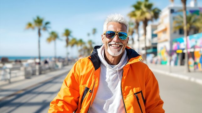Energetic older man skateboarding on a sunny promenade near the beach with a vibrant urban backdrop (Travel) (Aging)
