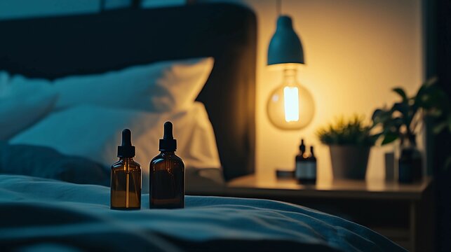 Sleep aid products neatly arranged on a bedside table, promoting relaxation and restful sleep for a peaceful night's slumber.