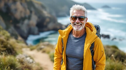 Smiling Older Man Hiking a Picturesque Coastal Trail (Travel) (Aging)