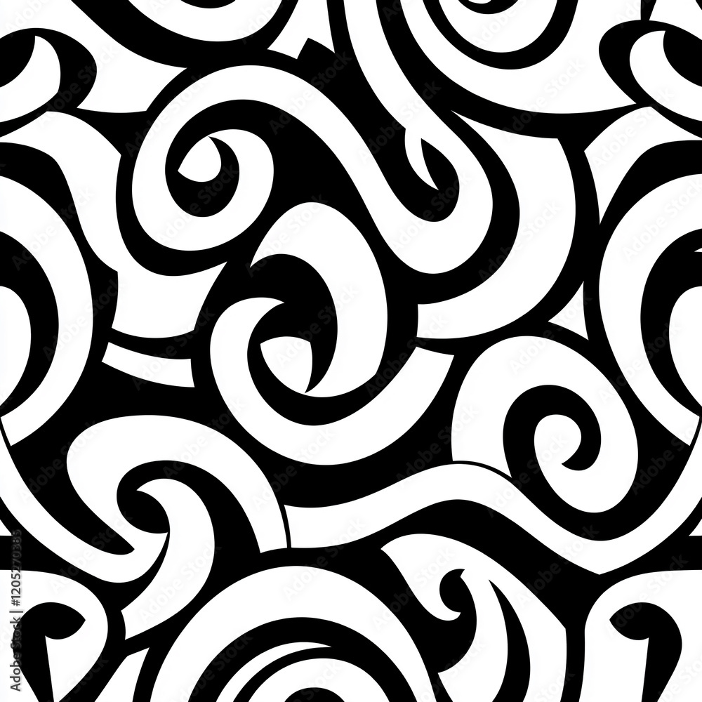 Poster Abstract black and white swirl design with flowing curves and patterns