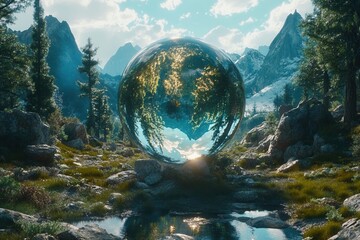 Reflective sphere in a serene mountain landscape.