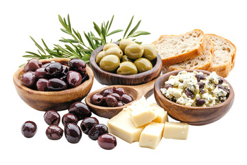 A delicious assortment of olives, cheeses, and bread arranged thoughtfully with herbs, perfect for a gourmet appetizer or Mediterranean spread.