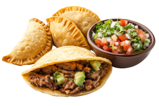 A delicious arrangement of freshly made empanadas and a bowl of salsa, showcasing vibrant colors and appetizing textures for food lovers.