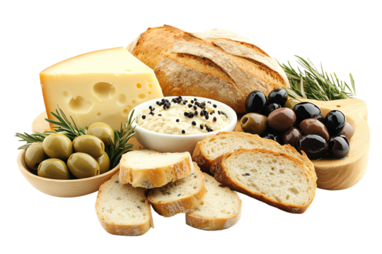 A delightful arrangement of fresh bread, cheese, olives, and herbs, showcasing perfect pairings for an appetizer platter or gourmet snack.